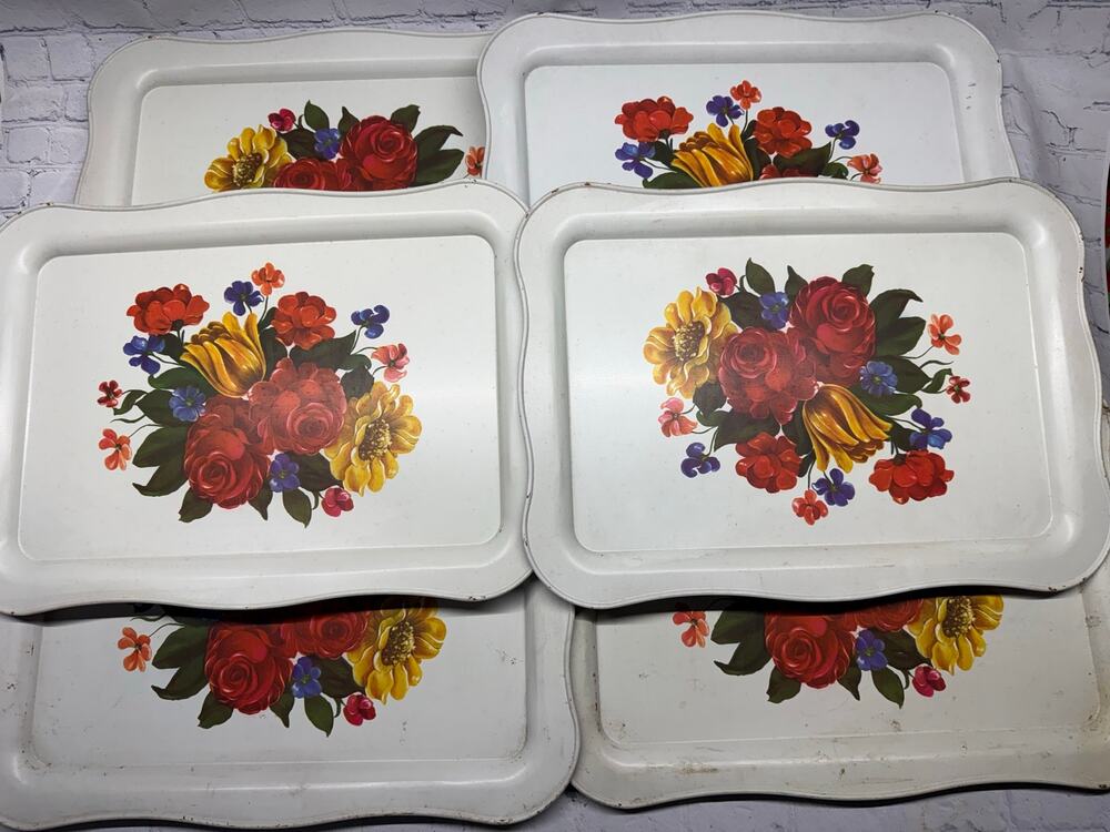 Vintage Lithographed Tinware White Metal Floral Serving Bed Tray- Set of 6!